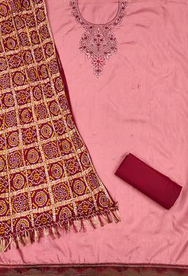 Women's pink heavy multi thread embroidery coco silk cotton dress material 2