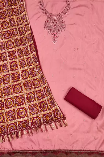 Women's pink heavy multi thread embroidery coco silk cotton dress material