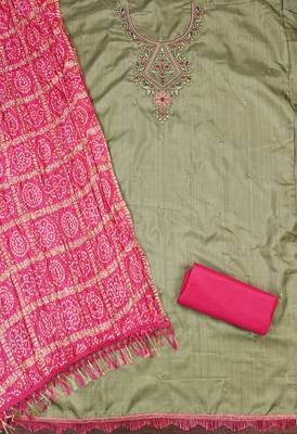 Women's olive green thread embroidery coco silk cotton dress material 2