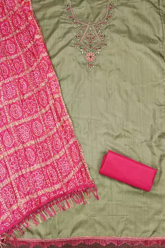 Women's olive green thread embroidery coco silk cotton dress material