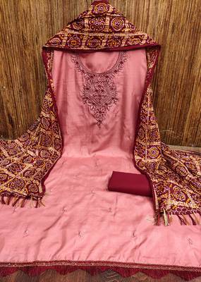 Women's pink heavy multi thread embroidery coco silk cotton dress material 3
