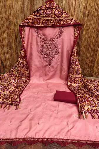 Women's pink heavy multi thread embroidery coco silk cotton dress material