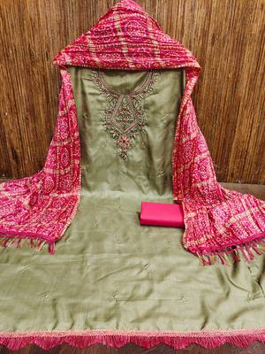 Women's olive green thread embroidery coco silk cotton dress material 3