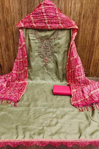Women's olive green thread embroidery coco silk cotton dress material