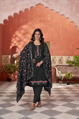 star georgette zari embroidery work black kurta set 1