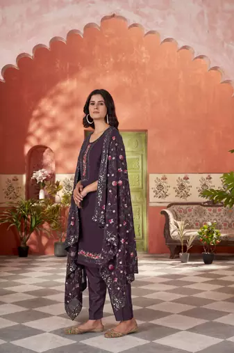 star georgette zari embroidery work wine kurta set