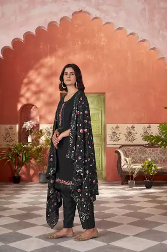star georgette zari embroidery work black kurta set