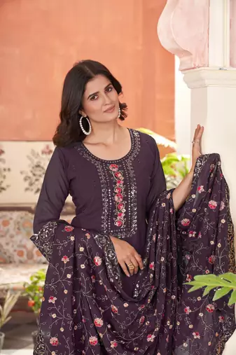 star georgette zari embroidery work wine kurta set