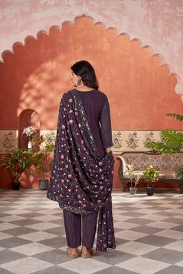 star georgette zari embroidery work wine kurta set 4