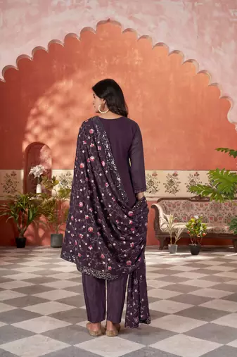 star georgette zari embroidery work wine kurta set