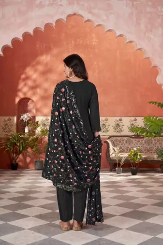 star georgette zari embroidery work black kurta set