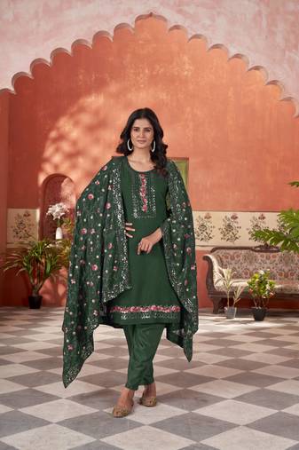 star georgette zari embroidery work bottel green kurta set