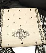 Unstitched suit set featuring block prints, complemented by a mul dupatta and bottoms.