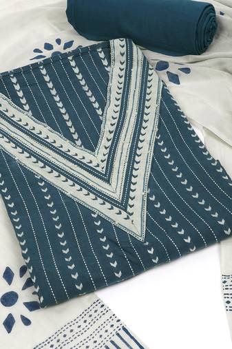 Blue unstitched suit set with contrast geometric style on the yoke with block printed dupatta.
