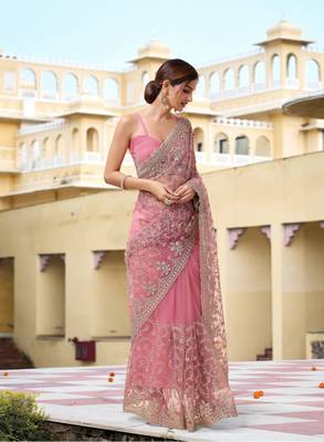 Pink Net Zari Embroidery Work Bollywood Style Saree for women 6