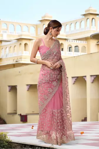 Trendmalls Pink Net Zari Embroidery Work Bollywood Style Saree for women