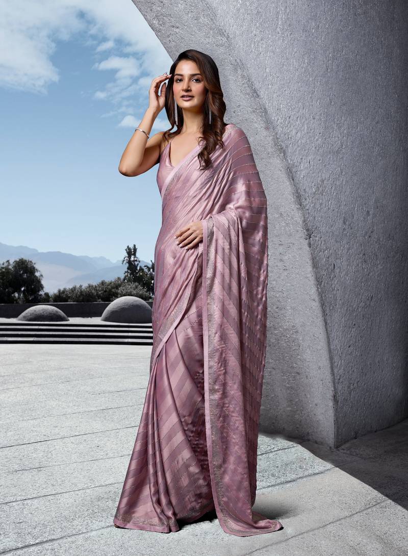 Pink Swarovski Embroidery Work Satin Silk Saree for Women 