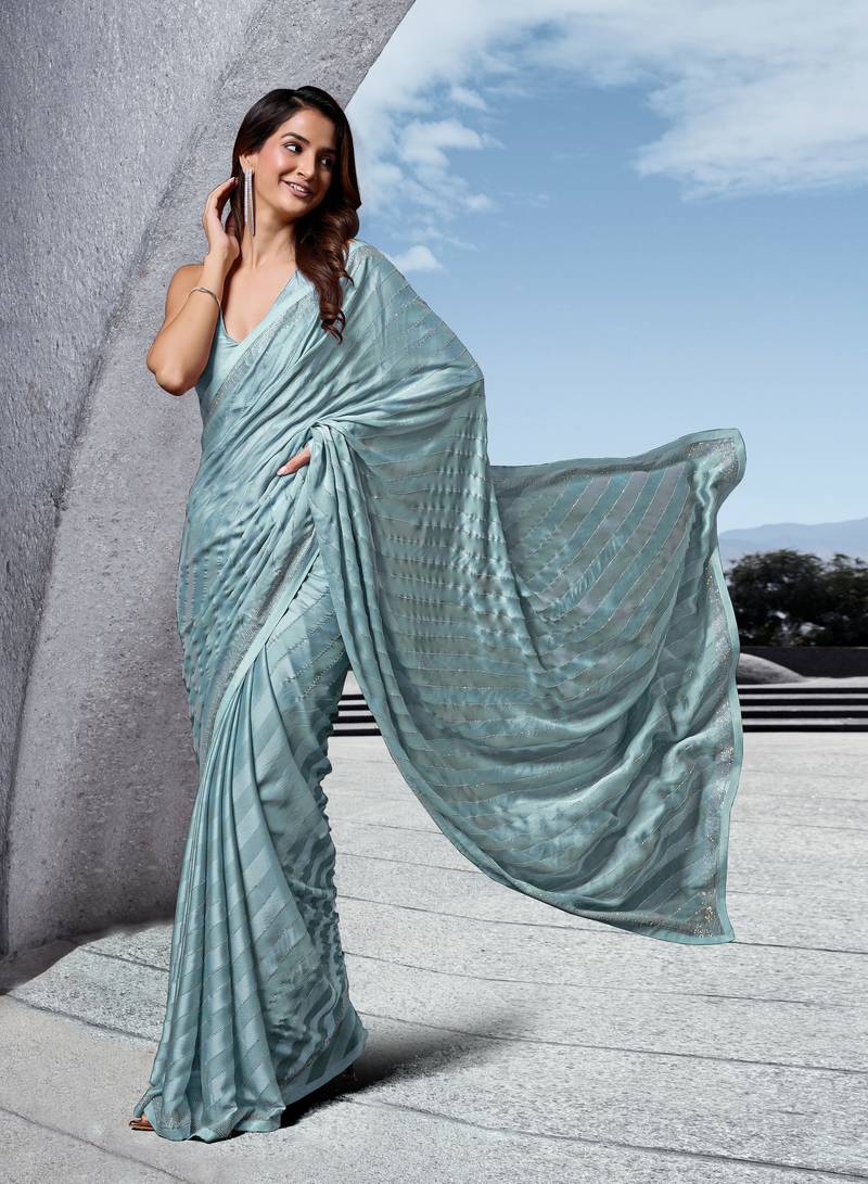 Trendmalls Turquoise Sirowaski Work with Satin Silk Leheriya Saree for Women or Unstitched Blouse Piece