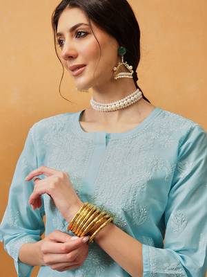 Hand Embroidered Blue Cotton Lucknow Chikankari Women Kurta 6