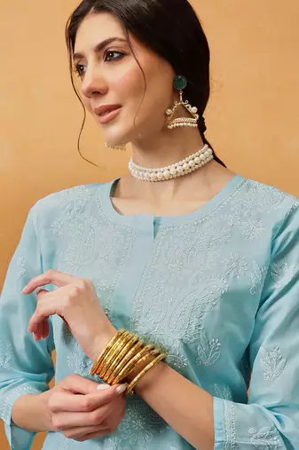 Hand Embroidered Blue Cotton Lucknow Chikankari Women Kurta