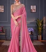 Pink emboridery secquins work silk saree with unstitch blouse