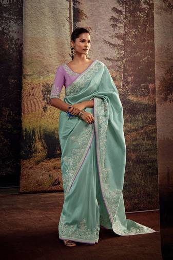 Blue emboridery zari, secquins work art silk saree with unstitch blouse
