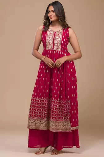 Radiant Rani Pink Georgette Salwar Suit with Glamorous Zari Work Stitched