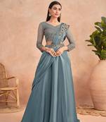 Teal blue embroidery secquins work chinon silk saree with unstitched blouse