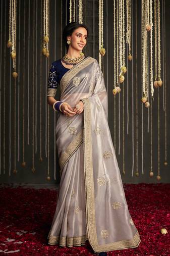Grey heavy embroidery stone work art silk saree with unstitched blouse