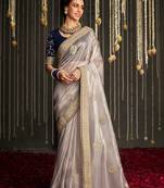 Grey heavy embroidery stone work art silk saree with unstitched blouse
