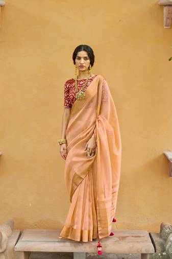 Mustard border print and piping organza saree with unstitched blouse