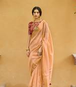 Mustard border print and piping organza saree with unstitched blouse