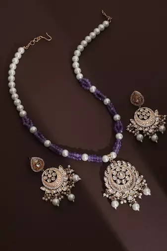 Lavender polki pendant necklace set