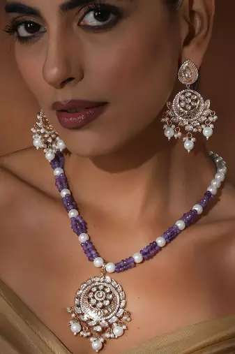 Lavender polki pendant necklace set