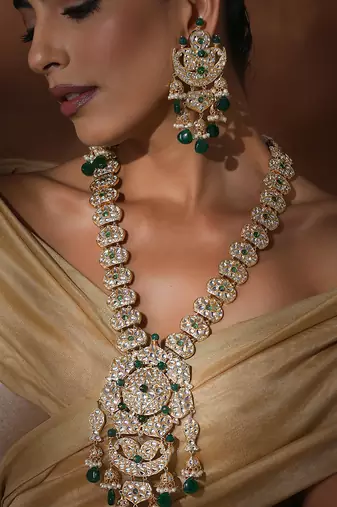 Green polki long necklace set
