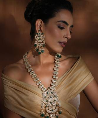 Green polki long necklace set 5