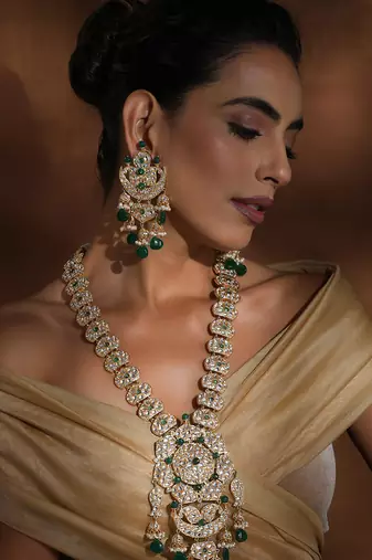 Green polki long necklace set