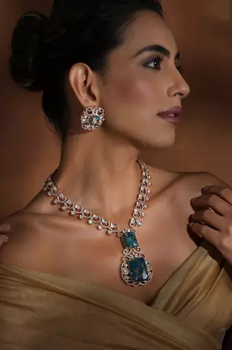 Blue polki pendant necklace set