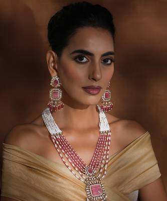 Pink polki pendant necklace set 1