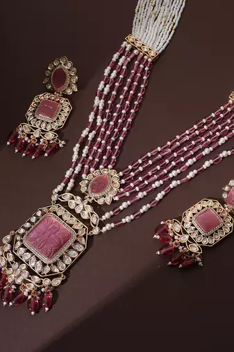 Pink polki pendant necklace set