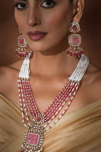 Pink polki pendant necklace set