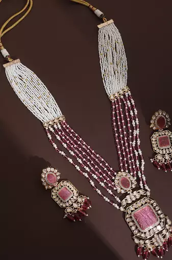 Pink polki pendant necklace set