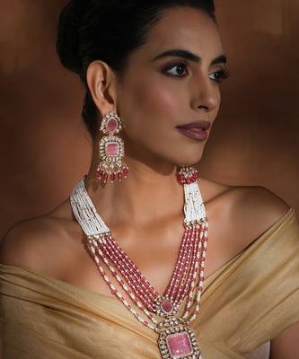 Pink polki pendant necklace set 5