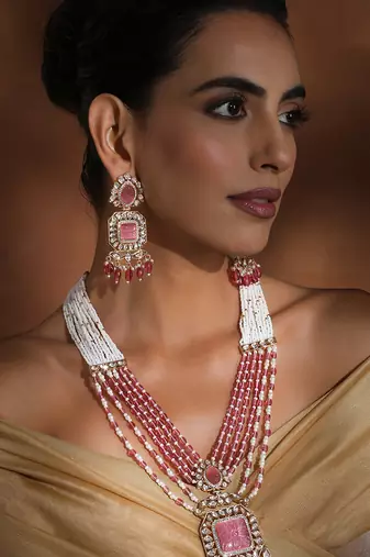 Pink polki pendant necklace set
