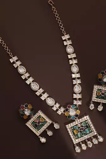 Multicolour polki pendant necklace set