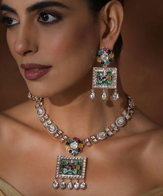 Multicolour polki pendant necklace set 3
