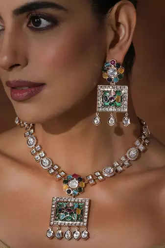Multicolour polki pendant necklace set