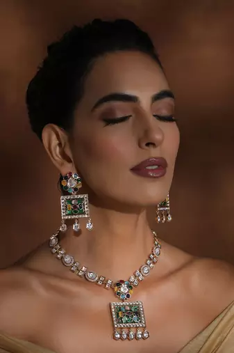 Multicolour polki pendant necklace set