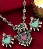 Silver plated elephant design oxidised long necklace set