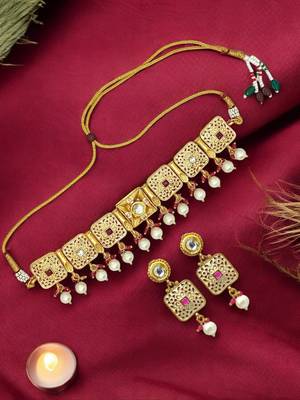 Gold plated meenakari choker necklace set 1
